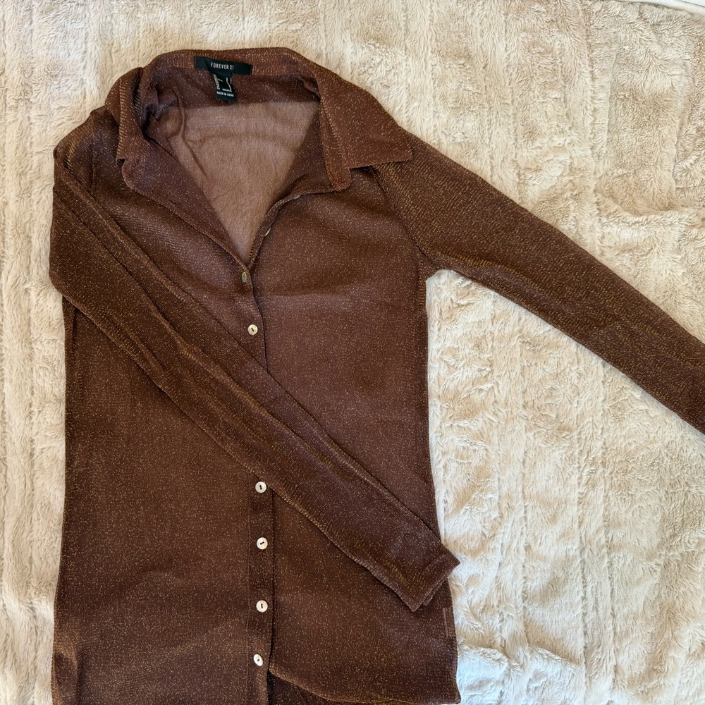 Forever 21 Glittery Brown Sheer Long Sleeve Top